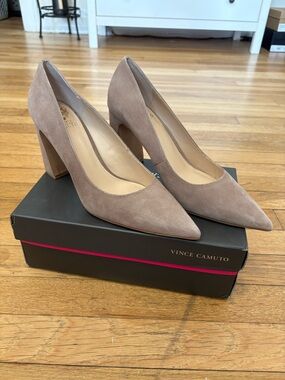 Vince Camuto Taupe Suede Block Heel Pumps